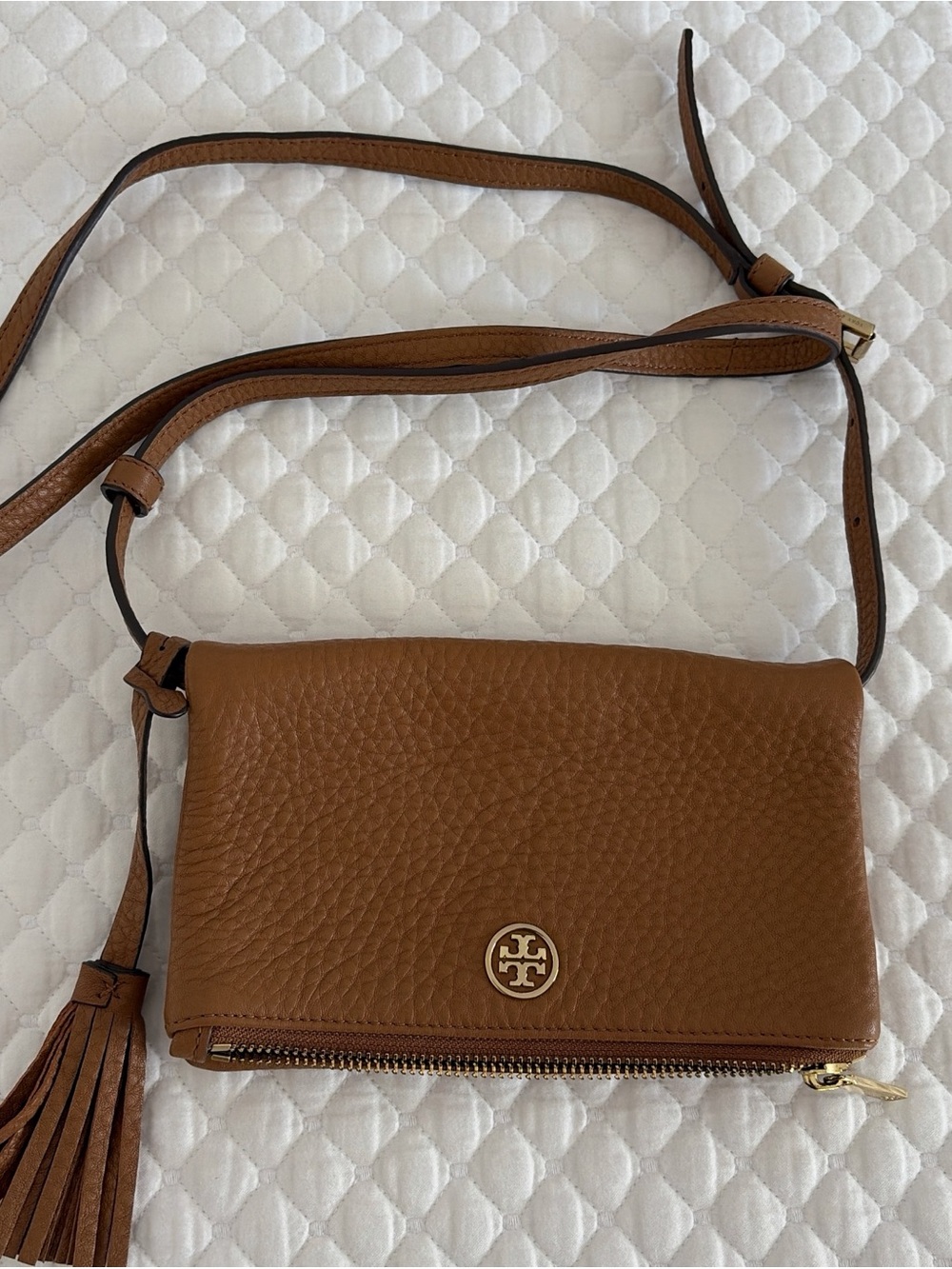 Tory Burch Cognac Pebbled Leather Crossbody Wallet with Tassel